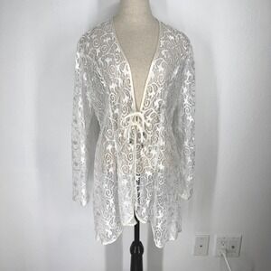 Vintage White Floral Lace Tie Front Cardigan Sheer Longline Large Festival Fairy